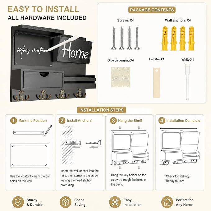 Dvobez Black Farmhouse Key Holder for Wall with Mail Organizer, 6-in-1 Entryway Organizer with Chalkboard, Drawer, Phone Wallet Holder, Top Shelf and 4 Double Hooks