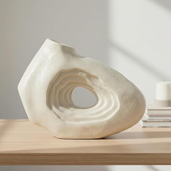 Sunddo Donut Vase, 7 Inch White Ceramic Vase for Modern Home Decor - Small Boho Style Decorative Vase for Flowers, Bathroom, Desk, Kitchen Table, Shelf Centerpiece