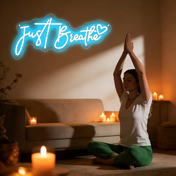 "Just Breathe" Neon Sign Beating Breath , Spa Decor For Wall, Bedroom Aesthetic Neon Light Wall Quote, for Yoga Room Pilates Studio Bedroom Gym Decoration, Meditation Room & Relaxation Gift-17.7IN-Ice Blue