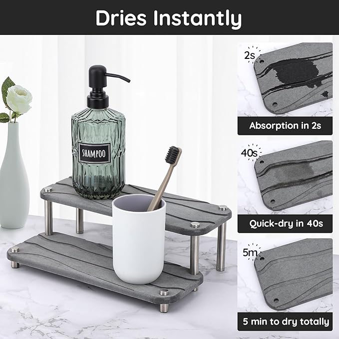 Segbeauty 2 Tier Fast Drying Diatomaceous Earth Tray, 11x4.3in Water Absorbing Stone Drying Vanity Tray for Countertop, Bathroom Counter Rack Kitchen Sink Organizer Dish Soap Sponge Holder Dark Gray