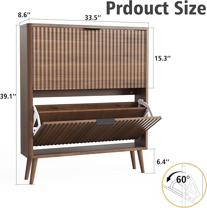 KIGOTY Narrow Shoe Storage Cabinet, Shoe Cabinet with 2 Flip Drawers, Freestanding Shoe Organizer with Legs for Entryway, Slim Shoe Rack Cabinet for Enterway (Walnut)