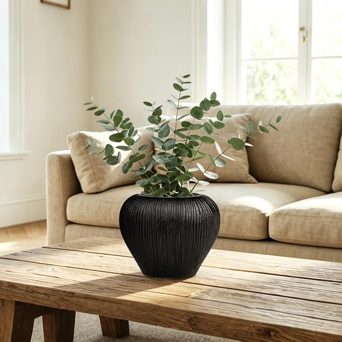 Slim Flat Ceramic Vase for Home Decor, 7" Ribbed Modern Flower Vase, Space-Saving Narrow Decorative Vase for Pampas Grass Artificial Flowers, Farmhouse Boho Table Centerpiece, Black