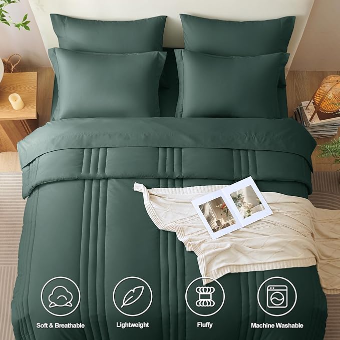 CozyLux Full Comforter Set - 7 Pieces Bed in a Bag Forest Green Comforter Set with Sheets Luxury Bed Set All Seasons, Soft Bedding Set with Down Alternative Comforter, Sheets, Pillowcases & Shams