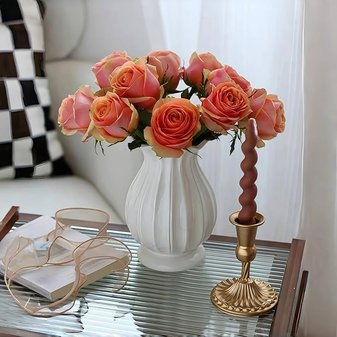 White Vase, Modern Ceramic Flower Vase for Home Décor, Wavy Edge Ribbed Design Pedestal Vases, Minimalism Flared Vases for Living Room Table Centerpieces (7.5" H x 4.5" W)
