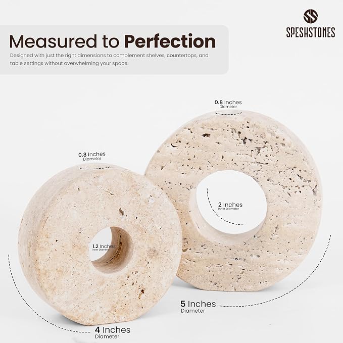 Marble Candle Holder Set of 2 Handmade Candlestick Holders for Taper Candles, Elegant Travertine Candle Stick Holders for Candlesticks, Centerpieces for Tables & Entryway Table Decor