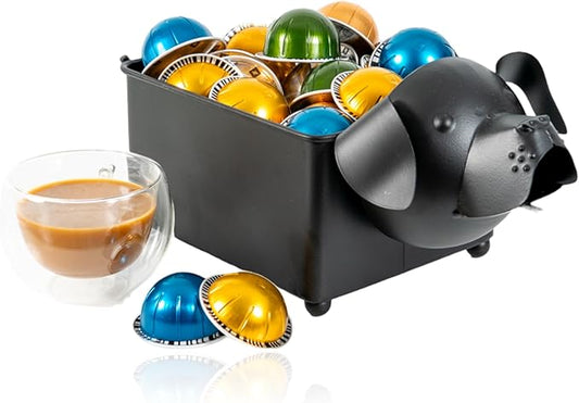 Made Easy Kit Coffee Pod Organizer Compatible with Nespresso Vertuo and Original - Countertop Sculpture Holder Basket Style for Café Bar, Corner Station Office Break Area (Dog Black Square)