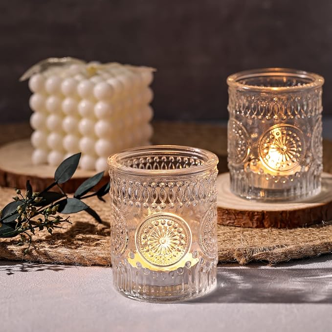 DARJEN Clear Votive Candle Holders Set of 24- Glass Candle Holders Bulk for Tea Light Candle, Embossed Candle Votives for Wedding Centerpiece, Living Room & Home Table Decor