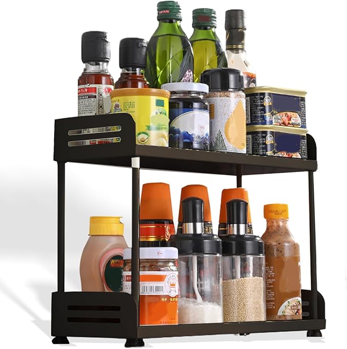2-Tier Countertop Organizer Shelf – Functional Storage Rack for Kitchen, Bathroom, Vanity, Bedroom & More – Ideal for Spices, Toiletries, Skincare, and Makeup (Black)