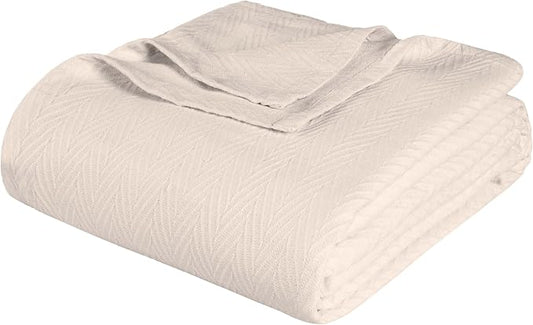 Superior Metro All-Season Cotton Blanket, Woven Blanket for Couch, Bed, Bedding, Farmhouse, Home Essentials, Cute and Cozy Bohemian Blankets, Herringbone Weave, Throw Size, Ivory