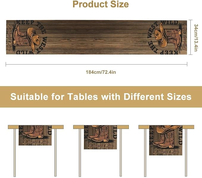 Rustic Western Table Runner, Wild West Cowboy Hat Boot Wooden Design Farmhouse Country Table Runner for Kitchen Dining Party, 13x120 Inch