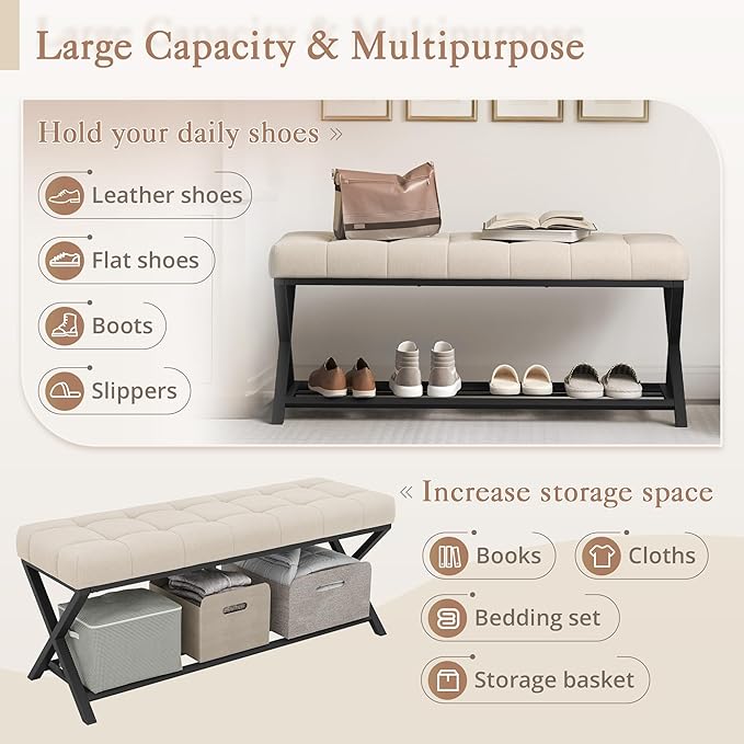 LUE BONA 44.5” End of Bed Bench with Shelf, Linen Tufted Upholstered Storage Shoe Bench, Modern Bedroom Bench with Metal Legs for Living Room, Entryway, Dining Room, 300 LB, Linen Color