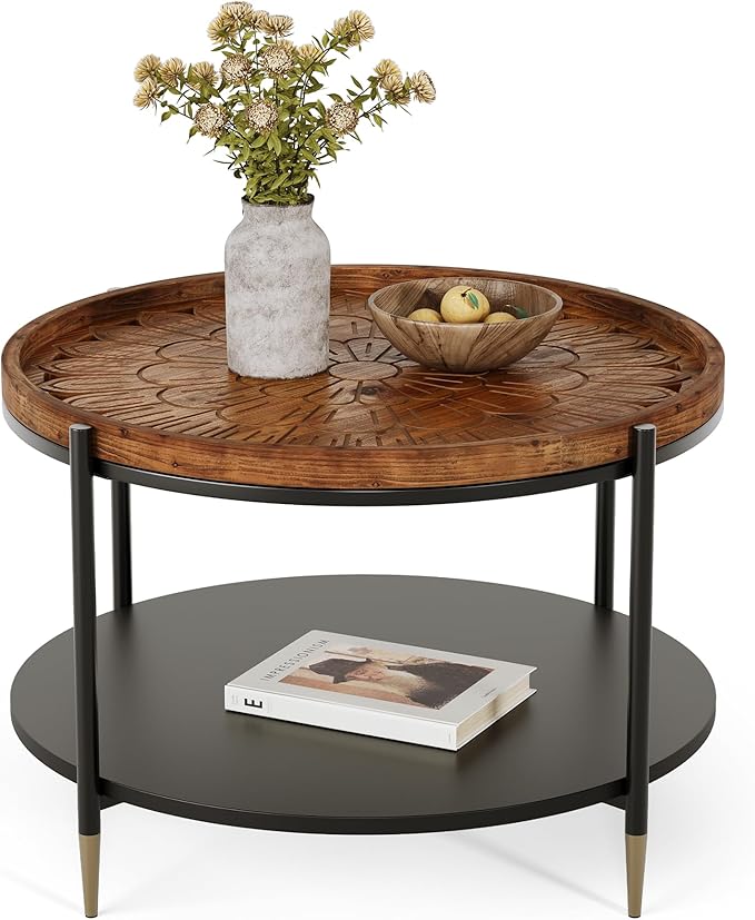 Solid Wood Round Coffee Table, 31.5-Inch Boho Center Tea Table with Metal Storage Frame & Carved Floral Pattern, Living Room Coffee Table Furniture for Small Spaces, Apartment, Rustic Brown