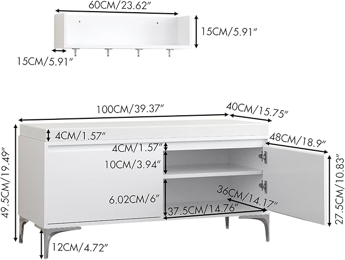 Modern White Entryway Storage Bench with Hooks & Shelf - Shoe Cabinet with Cushion, Wall-Mounted Organizer for Hallway/Bedroom/Mudroom, Closed Storage Solution
