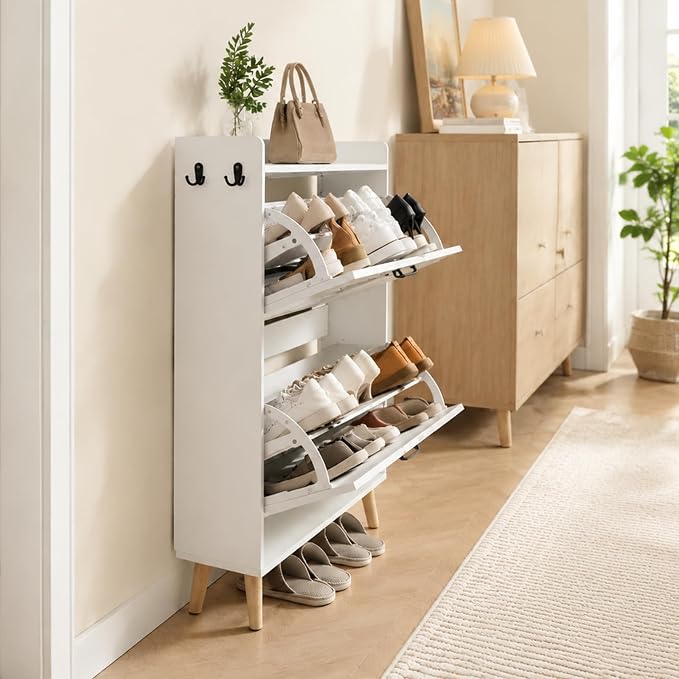 Shoe Cabinet Storage for Entryway, Narrow Slim Shoe Organizer with 2 Flip Drawers & Adjustable Shelves, Freestanding Space-Saving Shoe Rack for Hallway, Foyer (White)