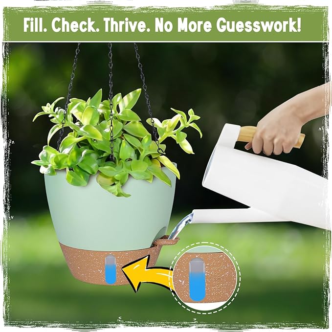 Self-Watering Hanging Planters with Water Level Window, 8/10 Inch Indoor Outdoor Hanging Plant Pots Includes Chain Hangers with Drainage Holes & Detachable Reservoir (Green, 8+10 inch)