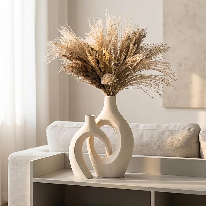 Snuggle Hollow XL Cream White Ceramic Vase Set of 2 for Coffee Table Decor, Modern Minimalist Aesthetic Donut Floral Vases, for Home Living Room Entryway Table Shelves Decorative (W 6.8" X H 11")
