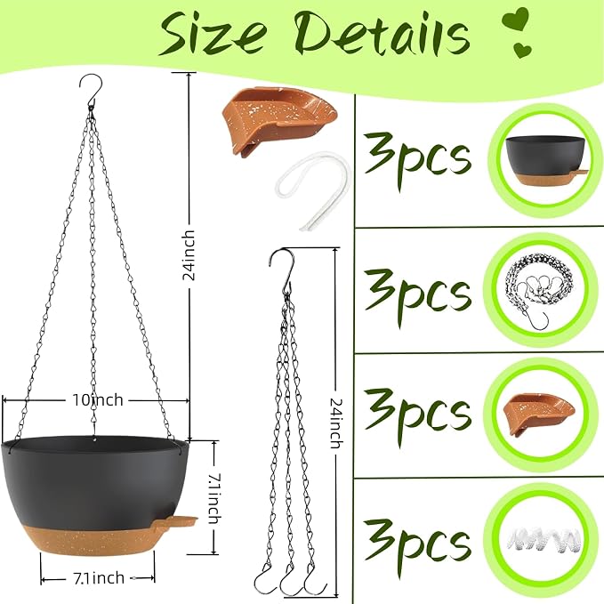 3 Pack Hanging Planters for Indoor Outdoor Plants, 10 Inch Self Watering Hanging Pots for Plants, Plastic Hanging Flower Baskets for Plants Hanger with Drainage and Tray, Chain (Black Brown)