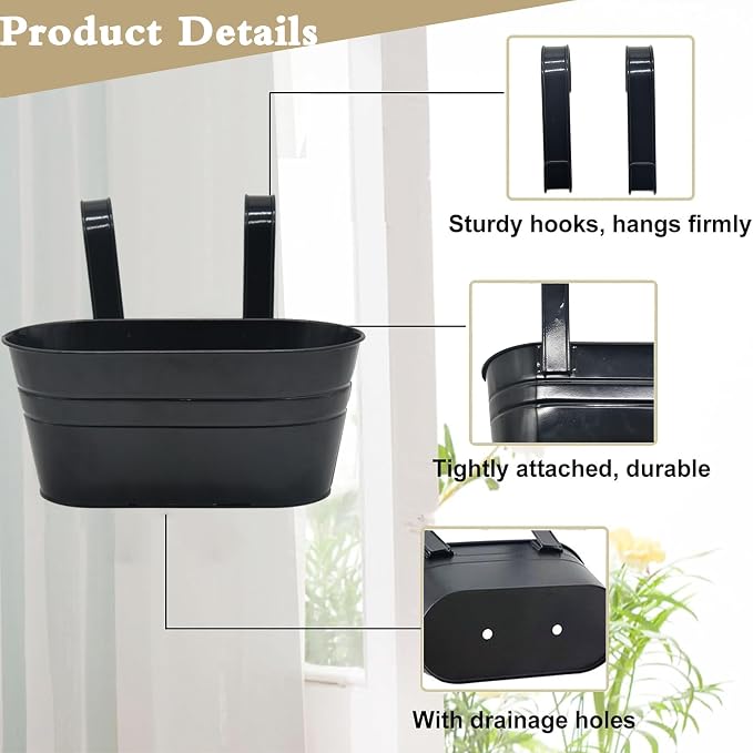 5 Pack 10.6 Inch Metal Hanging Flower Pot Oval Metal Railing Planter Balcony with Detachable Hook Indoor Outdoor Decor for Railing Fence Balcony Garden （Black）