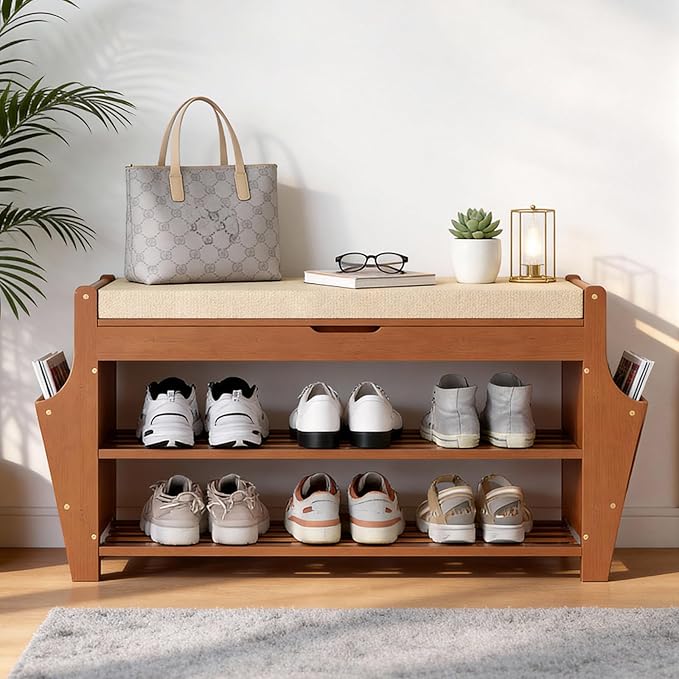 oakvivo 34.3in Shoe Bench, Bamboo 3-Tier Entryway Bench with Storage, Shoe Rack Organizer Holds Up to 330 lb, 34.3 x 11.8 x 18.9 Inches for Entryway Bedroom Closet Living Room Hallway