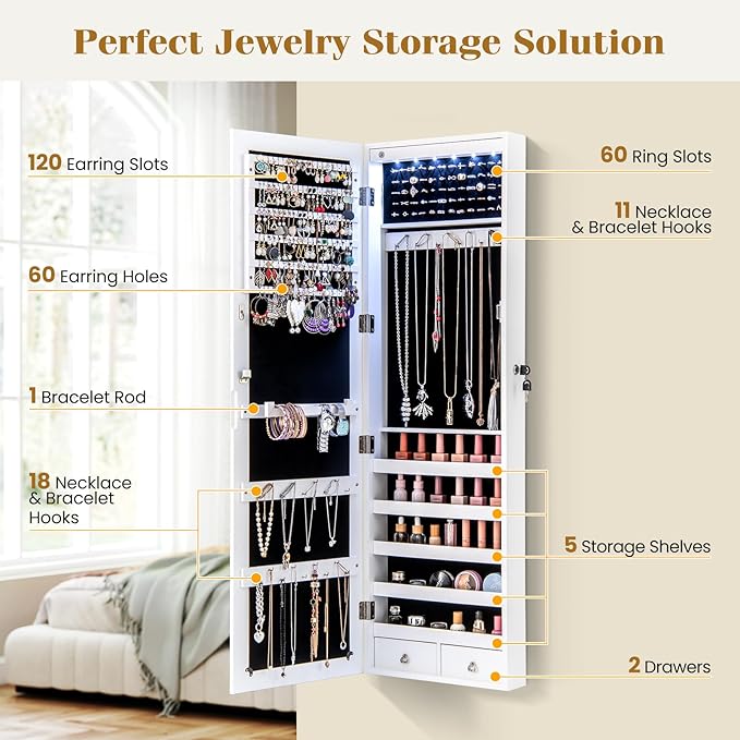NAFORT 15 LEDs Full Length Mirror Jewelry Cabinet, Jewelry Armoire with Mirror 5 Shelves and 2 Drawers, Door/Wall Mounted Jewelry Mirror with Storage, Over the Door Jewelry Organizer