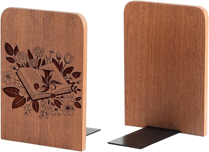Wood Bookends, Book Ends for Shelves with Decorative Alphabet A and Z Design - Heavy Duty Iron & Ebony Wood Book Ends for Shelves Bookcase Desk - 1 Pair - J