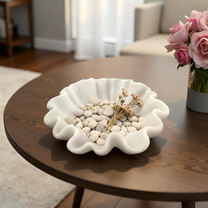 10" Large Handmade Decorative Bowl decor , Handicraft Scalloped Bowls for Modern Home Decor,Ruffle Decor,Key Bowl for Entry Table,Decorative Fruit Bowl for Kitchen Counter,Artificial Stone Milky White