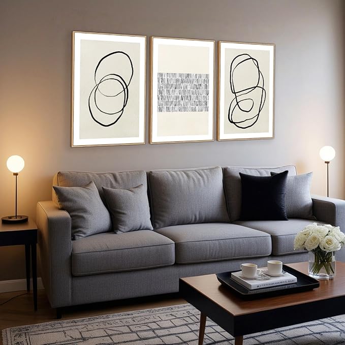 Abstract Boho Wall Art Set - Modern Boho Geometric Framed Canvas Prints, Neutral Mid-Century Graffiti Inspired Decorative Wall Decor for Living Room, Bedroom, Office - 16"x24"x3
