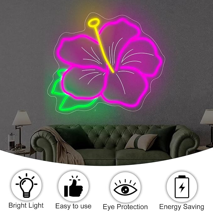 Hibiscus Neon Sign Hibiscus Flower Neon Light Hawaii Floral Neon Light Tropical Flower Sign Home Wall Art Decoration, 15"x12", Pink