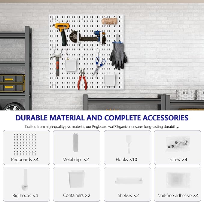 white pegboard wall organizer - skadis peg board panels for desk and wall control - durable pegboard （White, 22″×22″）