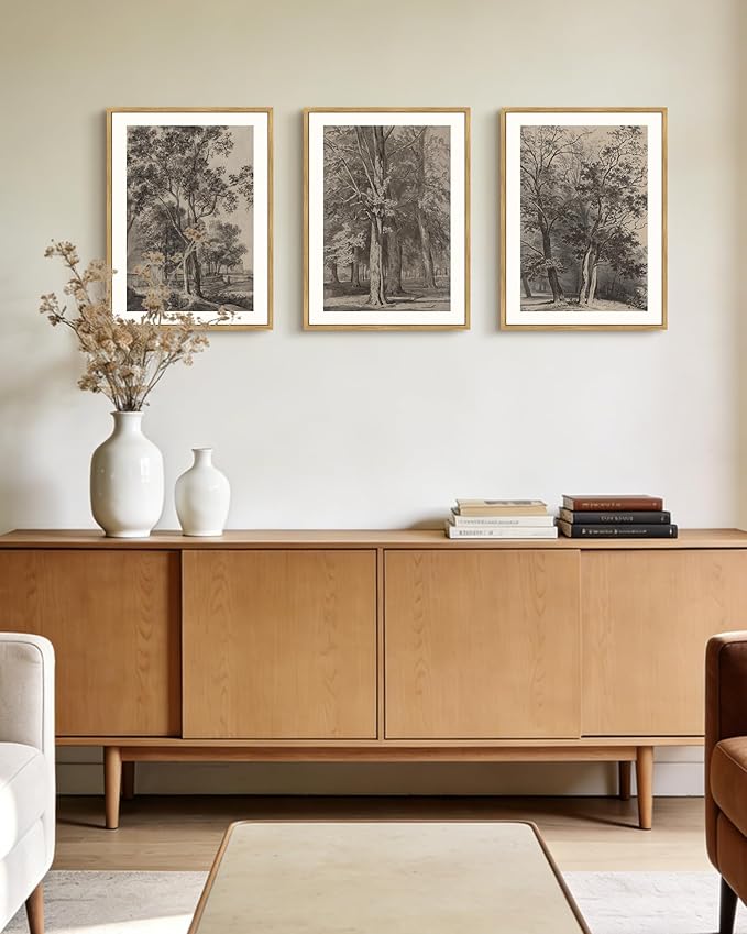 PHOPAGO Vintage Tree Framed Wall Art Retro Forest Wall Decor Nature Wilderness Sketch Paints Modern Bedroom Living Room Decor - 12x16in Natural Framed