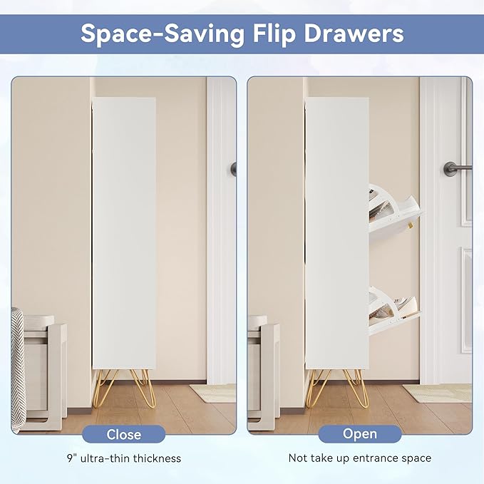 Fluted Shoe Cabinet Storage for Entryway, Set of 2, 39'' Large White Shoe Organizer with 2 Flip Drawers & Open Shelf, Freestanding Hidden Shoe Storage Cabinet