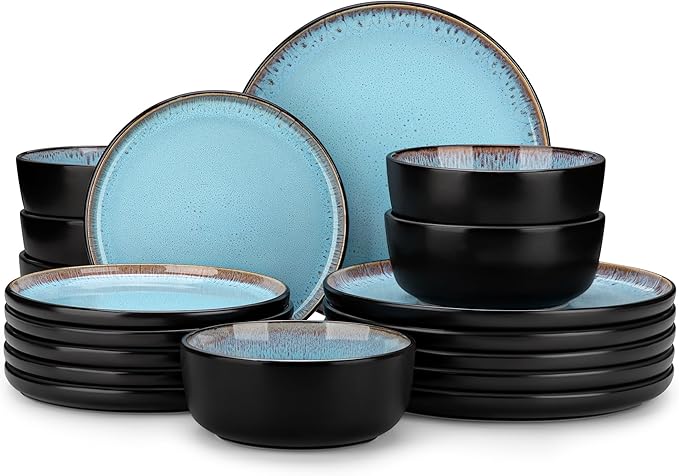 vancasso Plates and Bowls Sets, 18 Pieces Stoneware Dinnerware Sets for 6, Kitchen Dish Set Mircowave and Dishwasher Safe Ceramic Dishware, Blue, Series AMBER