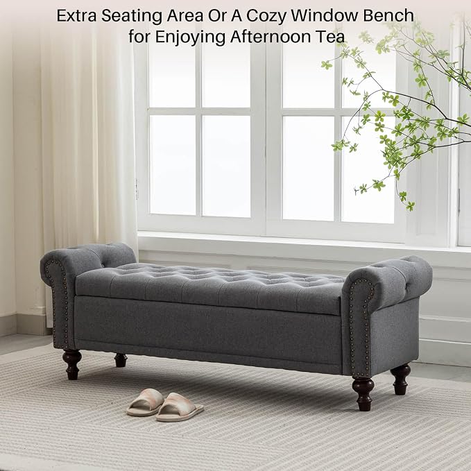 SOFTHION 58.1" Storage Bench Upholstered Linen End of Bedroom Bed Bench Ottoman with Tufted Cushioned Rolled Arm Large Storage Space for Reading Living Room Entryway, Grey