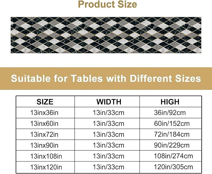 Marble Table Runner,White Grey Black Gold Geometric Diagonal Marble Pattern Table Runner for Coffee Table Dining Room Table Bedroom Party Holiday Decor 13x108inch