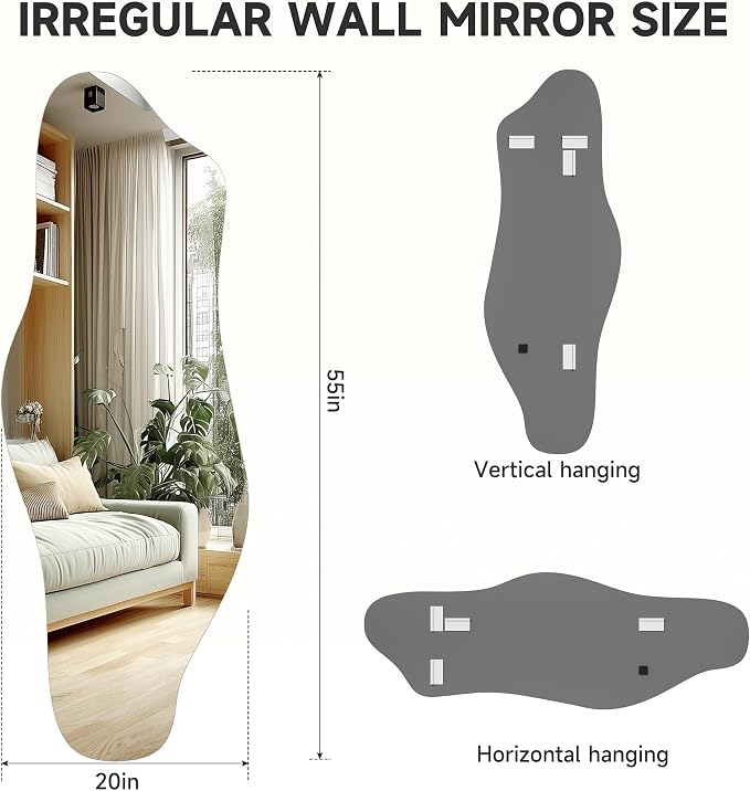Hasipu Irregular Wall Mirror, 55"x20" Asymmetrical Frameless Mirror, Modern Decorative Mirrors for Living Room, Entryway, Hallway, Bathroom, Bedroom,Wall Mounted Home Decor