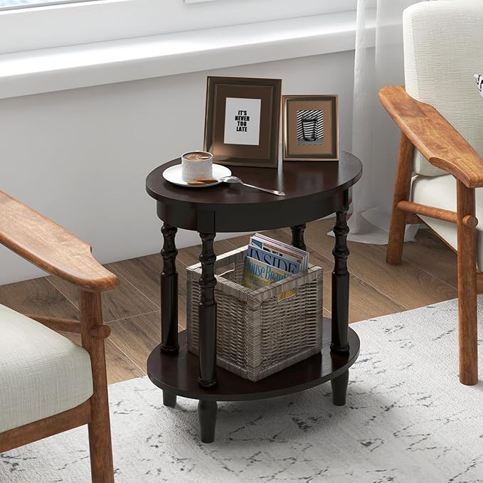 Giantex Oval End Table, 2-Tier Side Table with Storage Shelf & Solid Wood Legs, Modern Living Room Accent Table, Wood Nightstand for Bedroom, Small Space, 20.5" L x 15.5" D x 24.5" H, Espresso