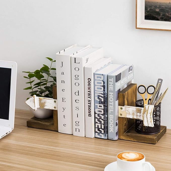 MyGift Farmhouse Bookends, Rustic Book Ends Kitchen, Tabletop Boho Bookend Support Stands, Whitewashed Arrow Design and Burnt Dark Brown Wood
