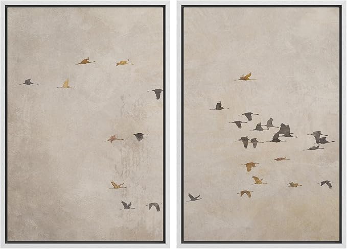 SIGNWIN Framed Canvas Print Wall Art Set Flying Birds Silhouette Minimalist Beige Illustrations Modern Minimal Decorative for Living Room, Bedroom, Office - 24"x36"x2 White