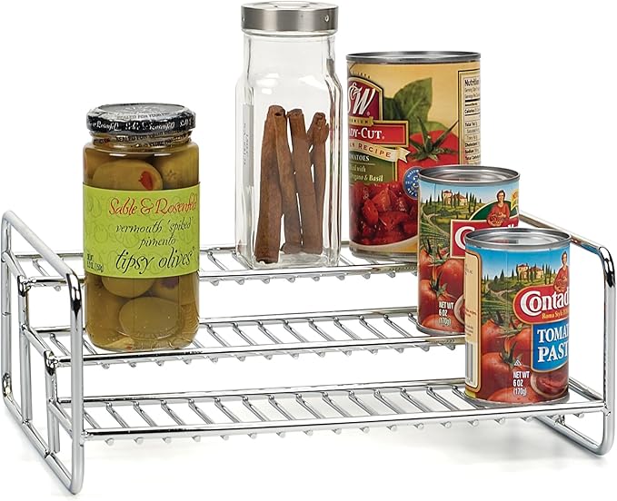 RSVP International Can Rack/Spice Jar Organizer, Multi-Purpose Kitchen Countertop, Cabinet & Pantry Space Saving 3-Tier, 11x9x5", Stainless Steel