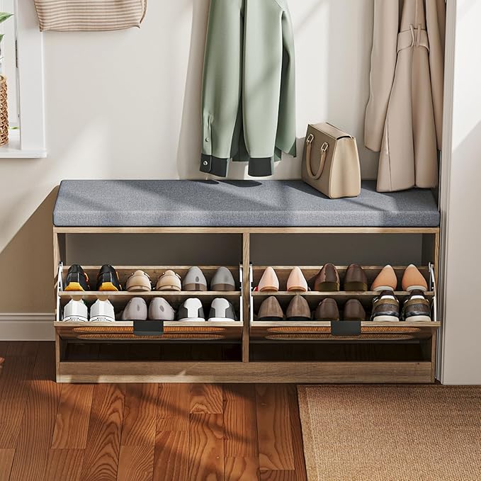 Rattan Storage Bench with Cushion & Coat Rack, Shoe Rack with 2 Flip Drawers, Narrow Shoe Storage Cabinet, Shoe Bench for Entryway, Living Room, Rustic Oak, Oval
