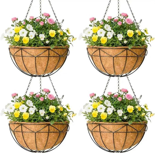4 Pack 14 Inch Black Metal Hanging Planter Baskets with Coco Coir Liner Sturdy Hanging Flower Basket for Outdoor Indoor Garden Porch Patio Balcony Decor (Geometric)