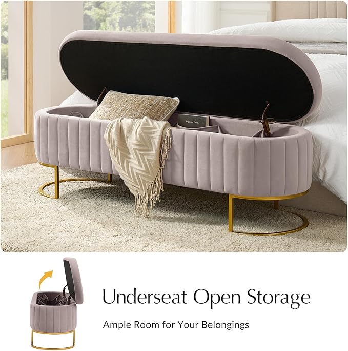55.5" Velvet Upholstered Storage Bench with Channel Tufted Seat and Metal Legs, Multi-Functional Ottoman with Interior Organizer Pockets for Bedroom and Entryway, Flipping Lid Large Window Bench