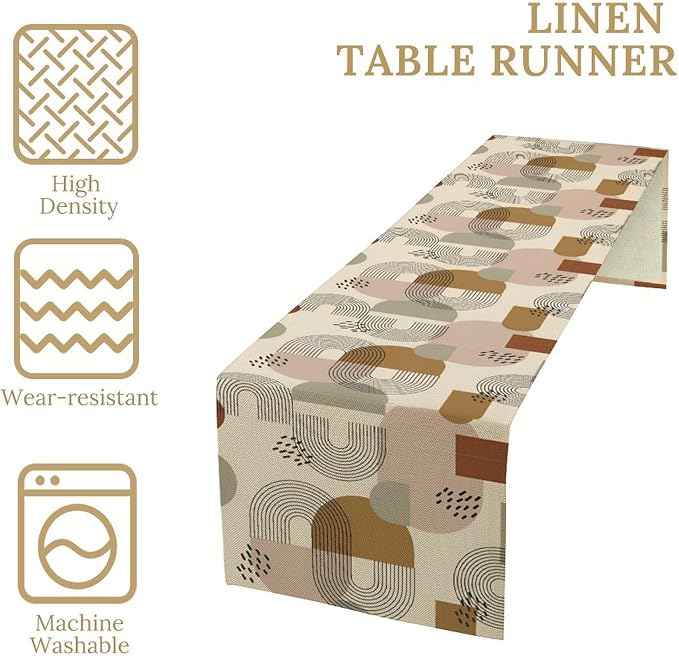 Mid Century Table Runner, Boho Neutral Abstract Geometric Bohemian Modern Table Decoration for Kitchen Dining Home Party Birthday, 13x36 Inch