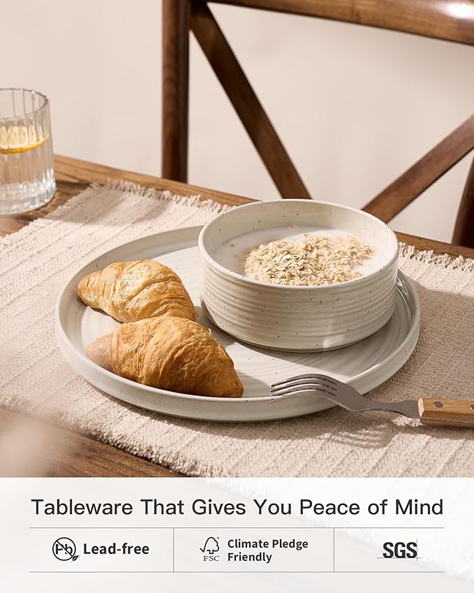 12-Piece Stoneware Dinnerware Set, High Edge Plates & Bowls with Reactive Glaze, Speckles & Spirals, Scratch Resistant Dish, Dishwasher Safe, Modern Rustic, Service for 4, Shell Beige