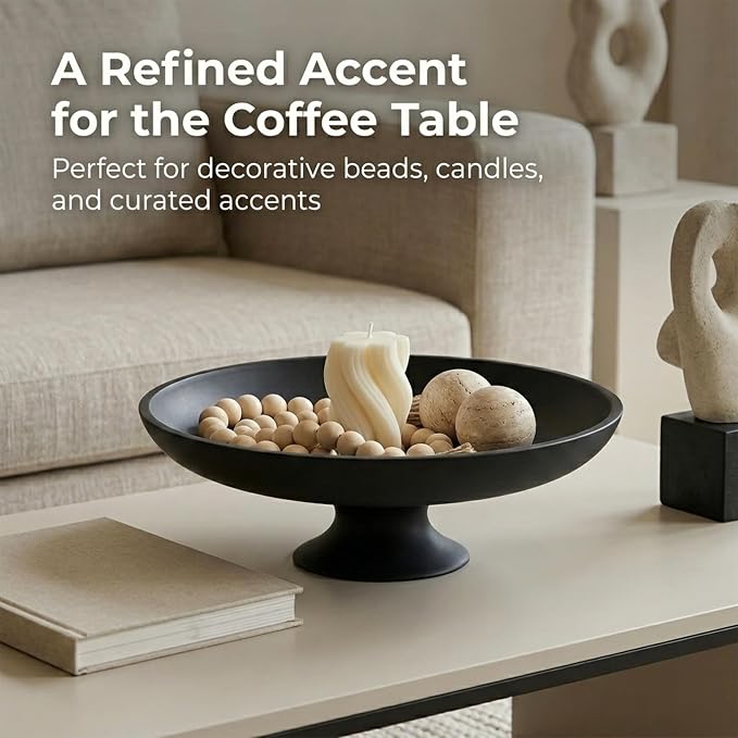Black Concrete Fruit Bowl, Large Decorative Pedestal Bowl for Kitchen Counter, Modern Centerpiece Bowl for Coffee Table, Entryway Key Catch All Bowl, Black Home Decor