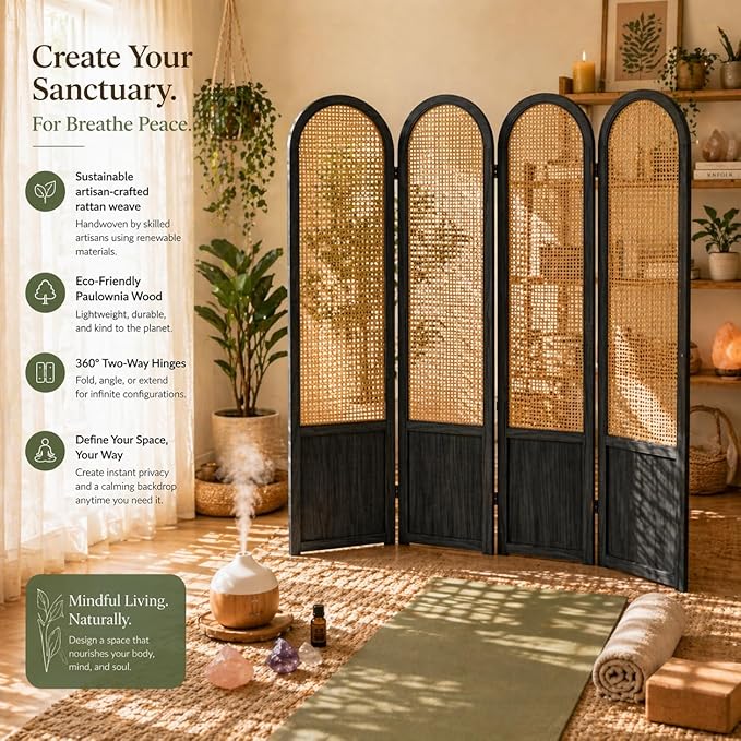 Room Divider 4 Panels, Folding Privacy Screen, Foldable Wood Rattan Room Divider Panel, Portable Partition Screen, Wall Divider for Room Separation Bedroom Home Office Garden Terrace (Black)