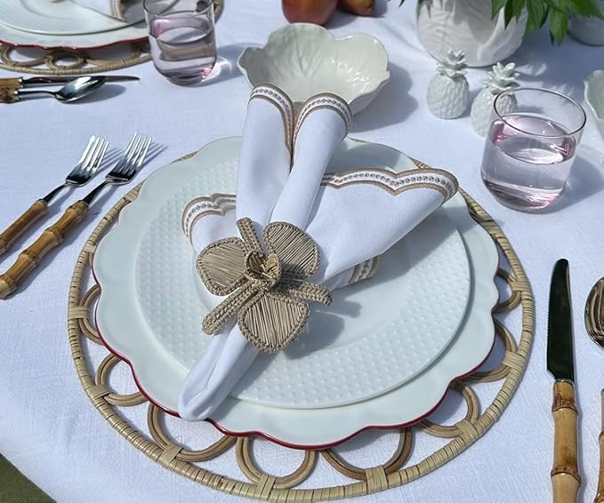 White Napkins with Gold Trim, 100% Cotton, Beige and White Scalloped Embroidery Cloth Napkins Washable Table Dinner for Hotel Restaurant Weddings Events Parties, Set of 4, 18x18