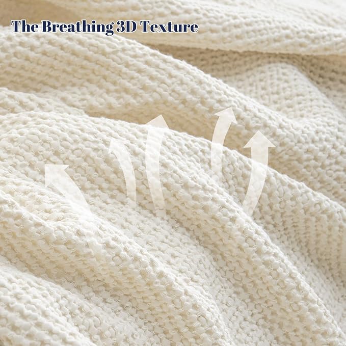 PHF Stone Washed 100% Cotton Waffle Blanket, Vintage Deep Honeycomb Texture, Breathable Thermal Blanket for Bed & Home Decor, All Season Layering - King, Undyed/Raw