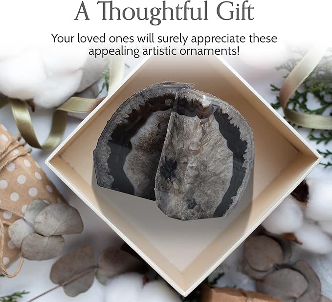 Nature's Decorations A Quality Black Agate Geode Bookends - Heavy Duty with Non-Skid Rubber Bumpers for Shelves, Office, Home Decor - Cool Crystal Stone (1 Pair 6-8 LB)