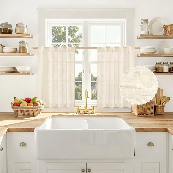 LAMIT Kitchen Linen Curtains 30 Inch Length for Small Window, Semi Sheer Light Filtering Boho Drapes Back Tab and Rod Pocket Short Cafe Panels for Bathroom/Basement, Linen, 2 Panels, 34 x 30 Inch